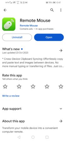 Remote mouse downloaded and installed.