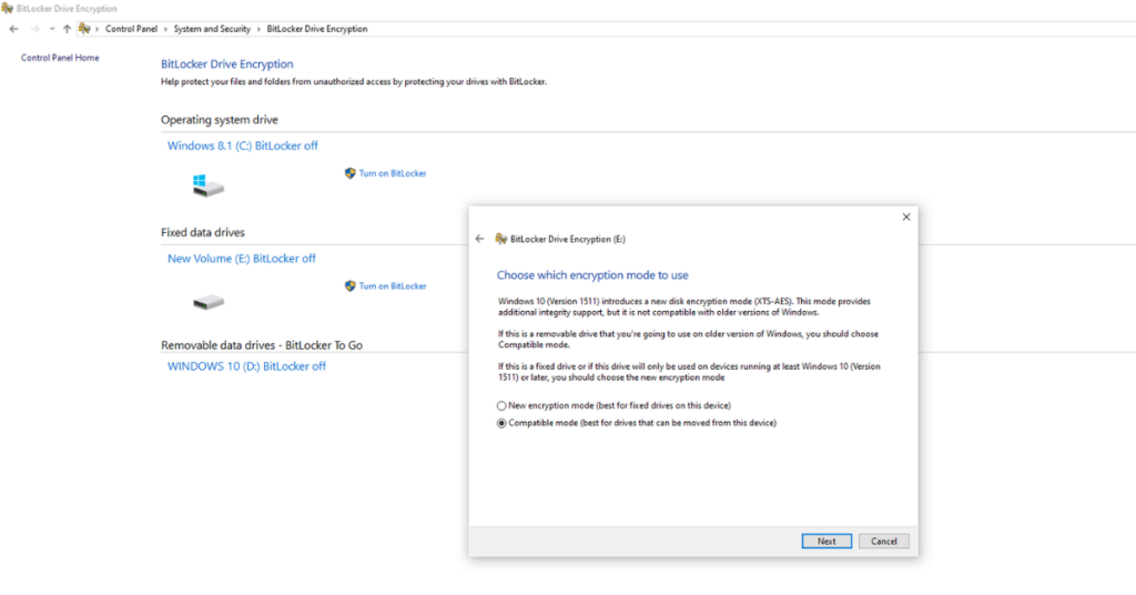 Choosing the Encryption mode