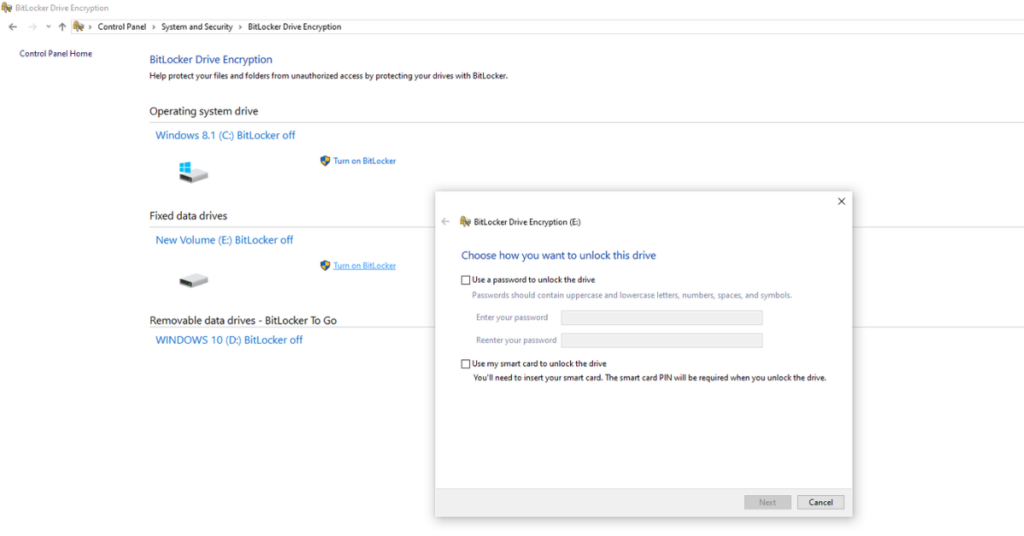 Choose how you want to unlock the Drive with Bitlocker.